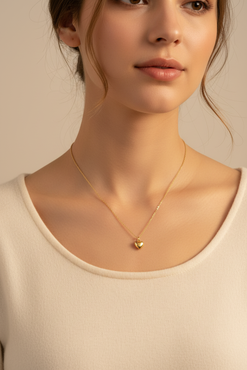 14K Gold Heart Charm Necklace Worn Lifestyle