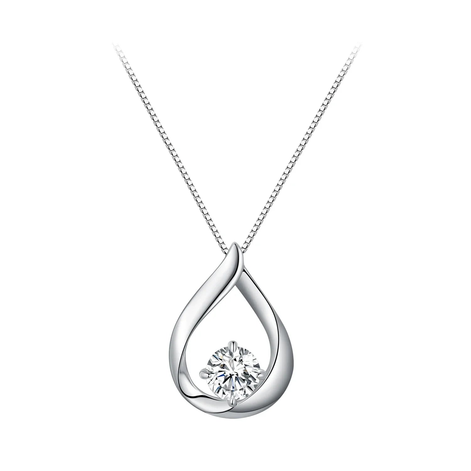 A silver teardrop pendant necklace with a single round-cut clear gemstone, suspended from a delicate silver chain against a solid white background.