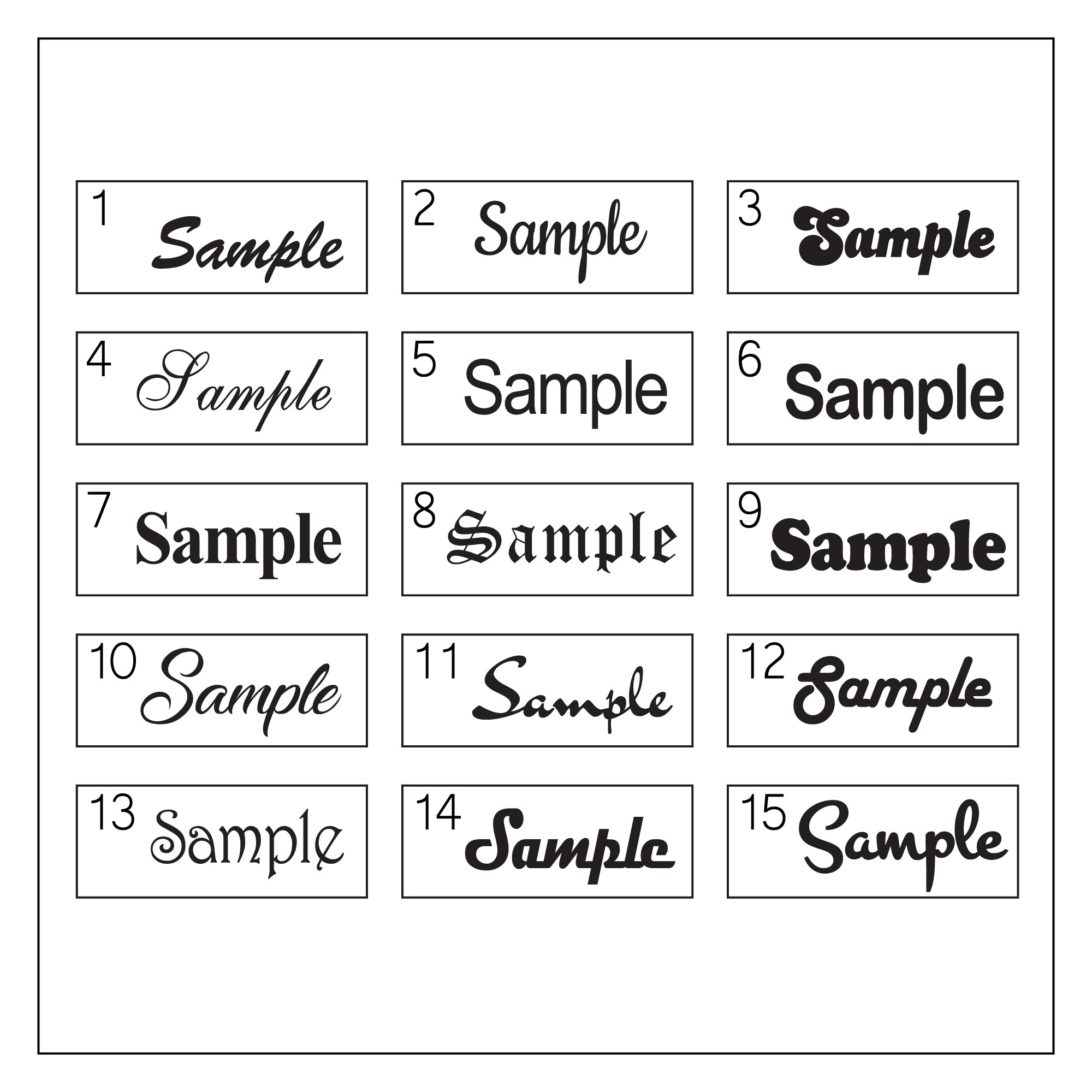 A grid of 15 small rectangular sample boxes labeled 1 through 15, each containing the word 'Sample' in different font styles and weights on a white background.