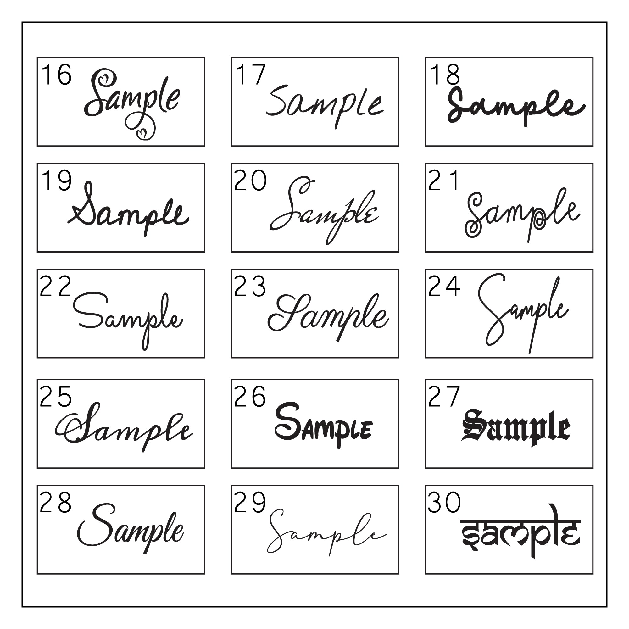 A grid of 30 sample script and calligraphy boxes labeled 16 through 30, showing different stylized fonts and letterforms on a white background.