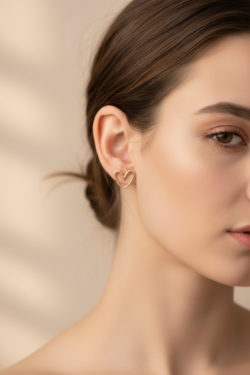 AI Girl Wearing 18K Gold Heart Earrings