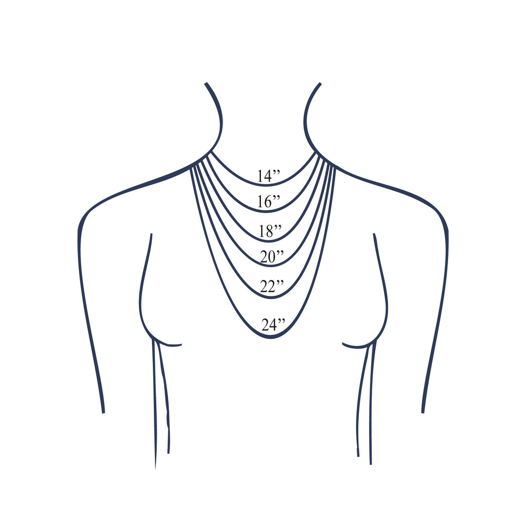 A simple line drawing of a female torso with layered neck/chest curves labeled 14 inches, 16 inches, 18 inches, 20 inches, 22 inches, and 24 inches to show necklace size guidance.