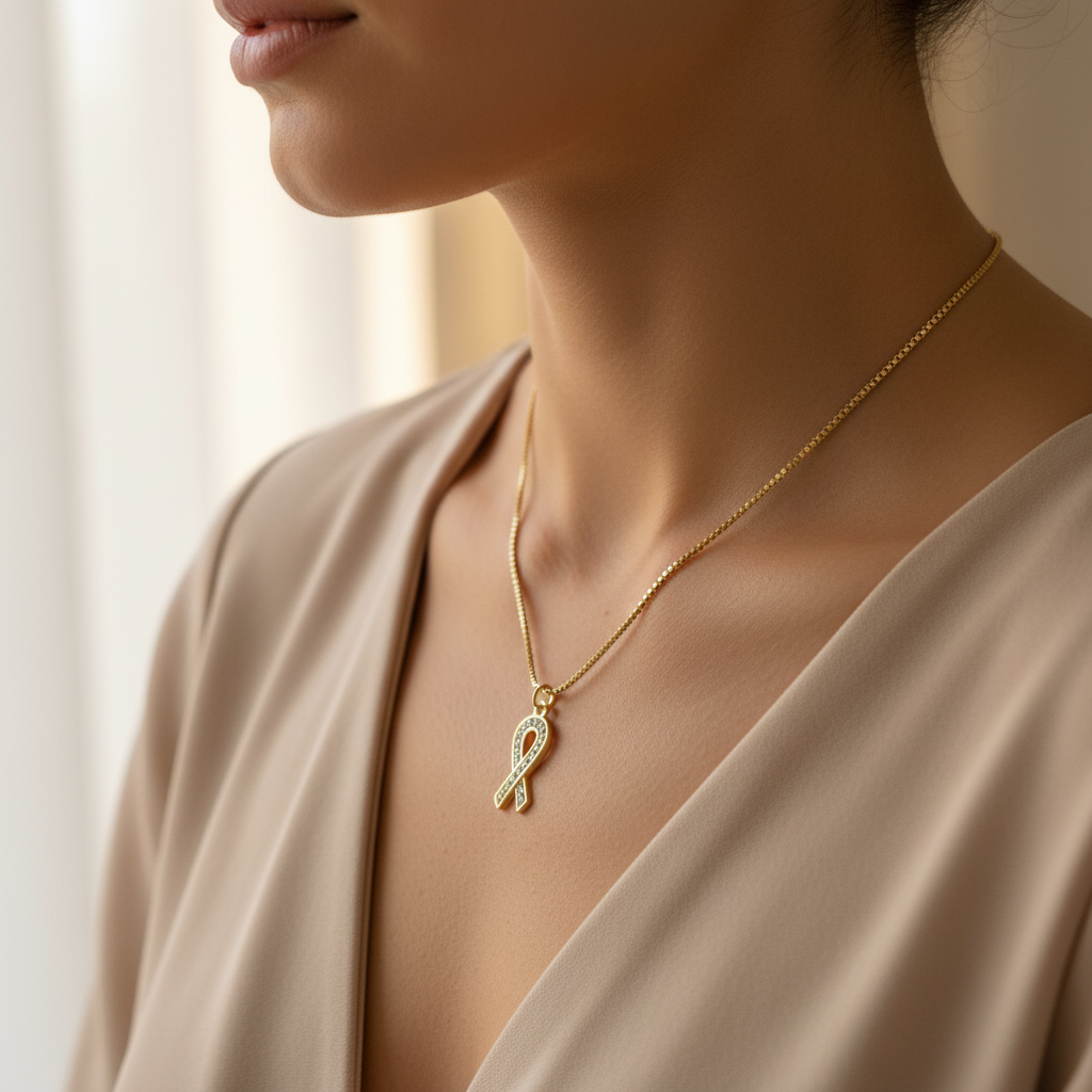 Woman wearing 18K gold plated cancer awareness ribbon necklace lifestyle shot