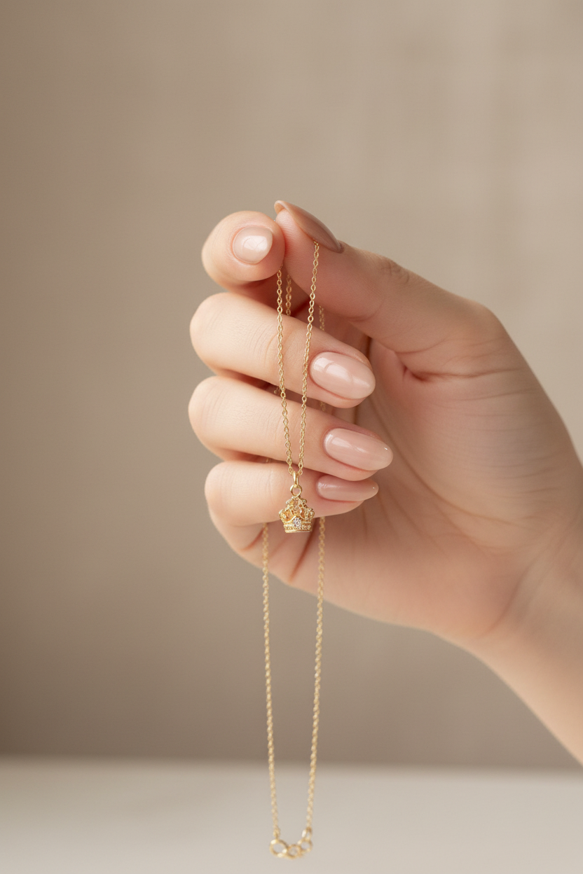 Hand holding gold crown charm necklace - lifestyle shot